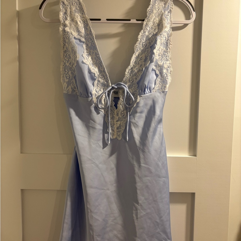 Princess Polly baby blue satin and white lace mini dress